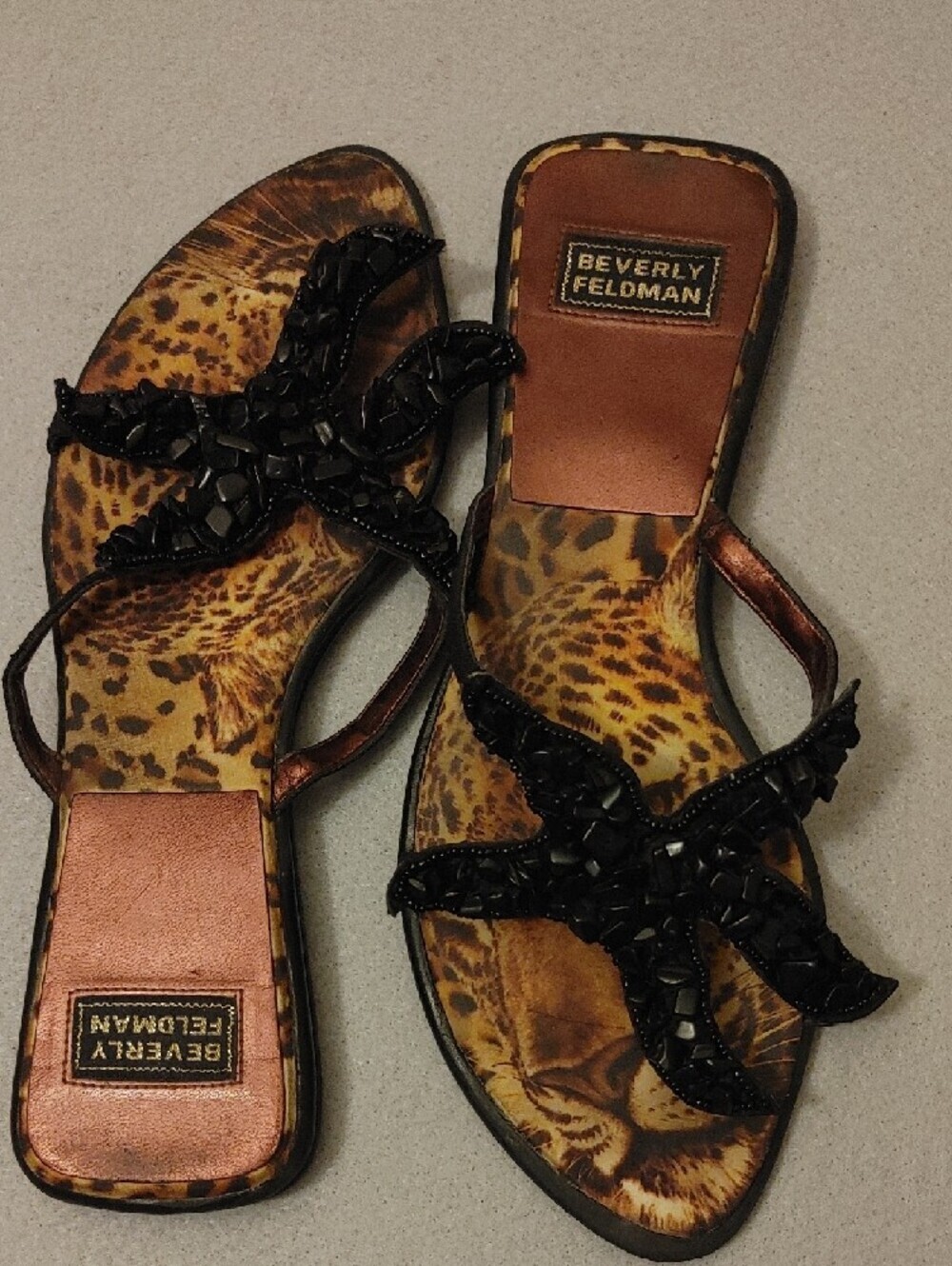 Beverly Feldman Leopard Print Sandals with Black Beaded Star Accent
